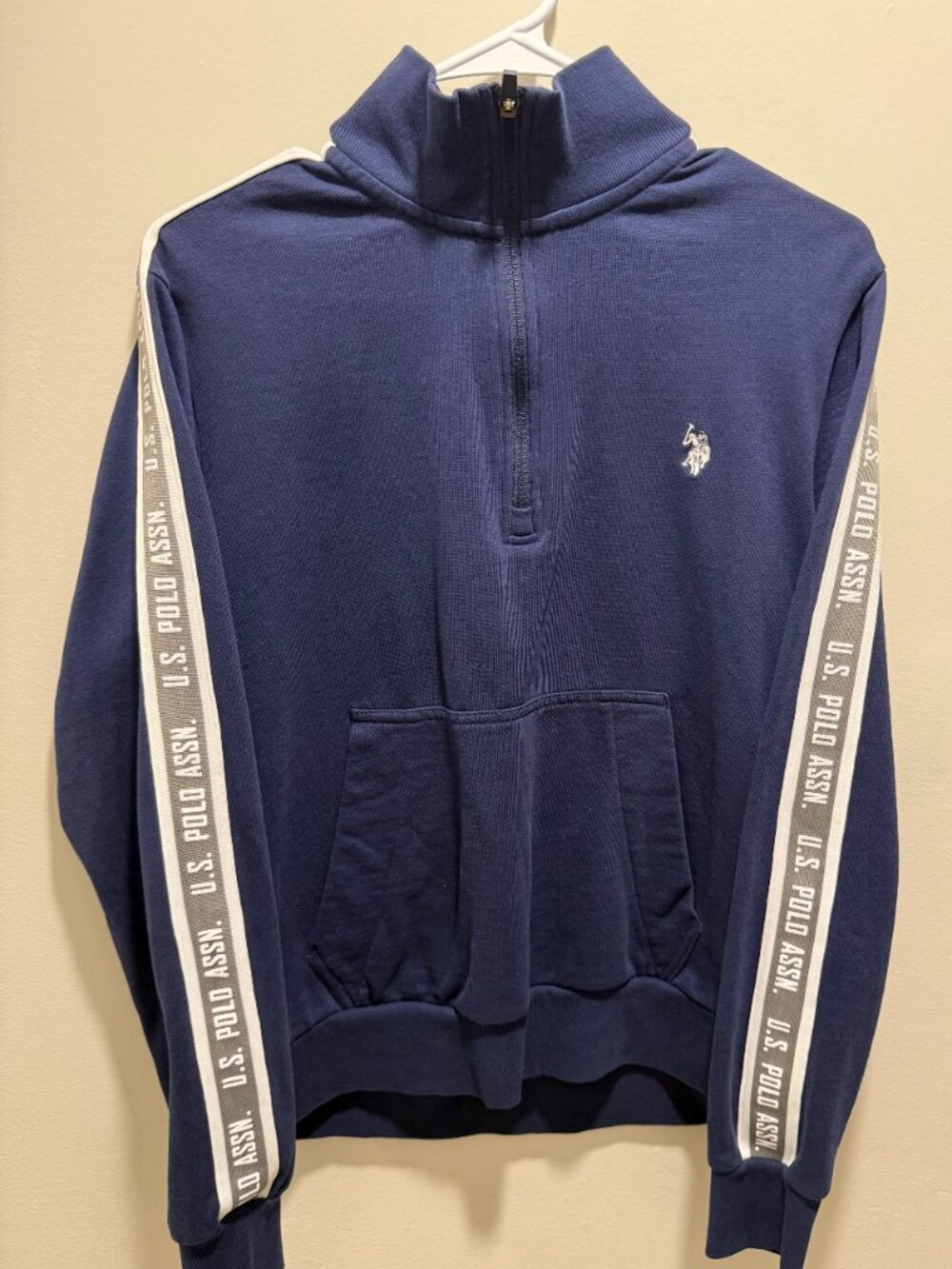 U.S. Polo Assn. Men's Navy 1/4 Quarter Zip Pullover Sweatshirt Logo Sleeve Tape